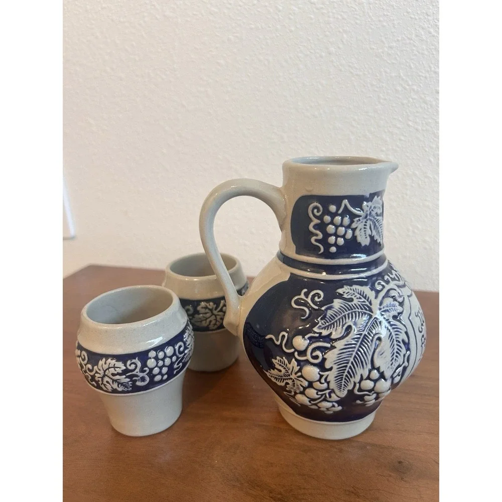 Vintage Gerzit‎ Gerz Pottery Set Wine Pitcher and 2 Cups Germany